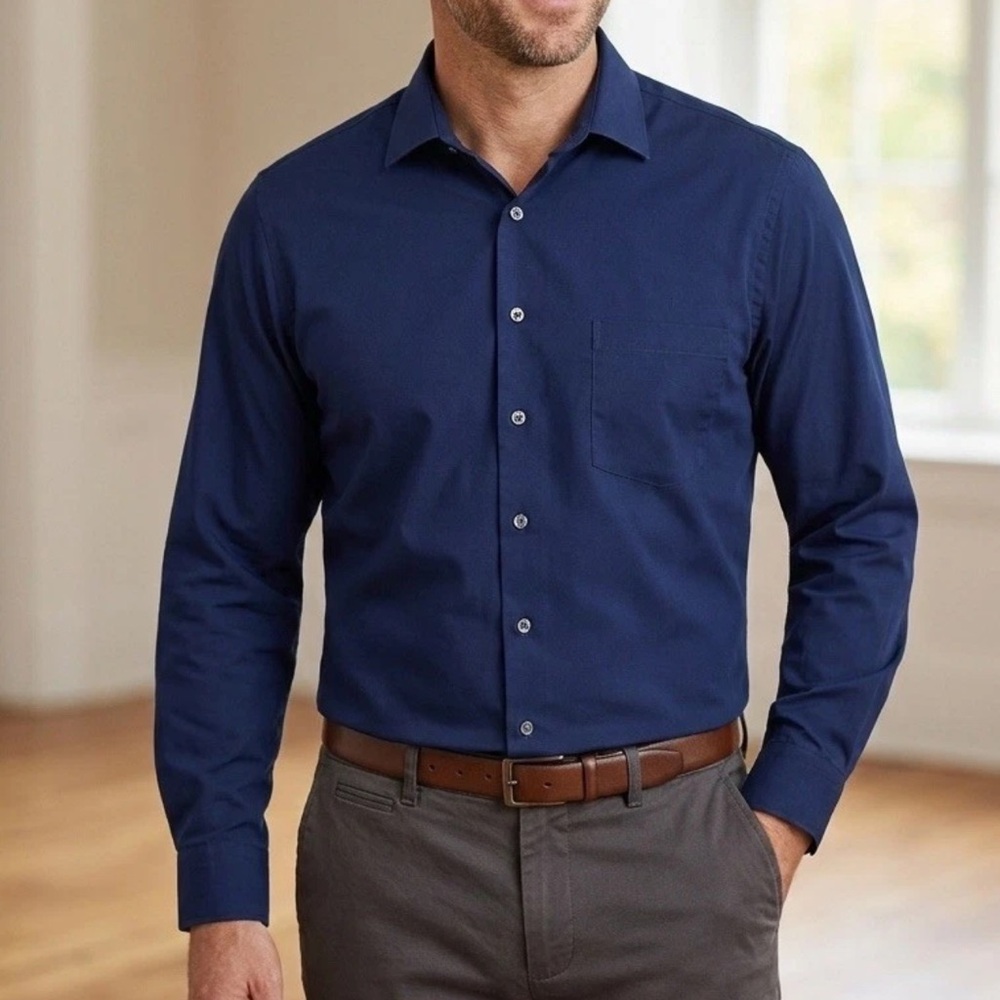 Van Heusen Flex Stretch Regular Fit‎ Navy Dress Shirt Mens 16.5 32/33 Excellent